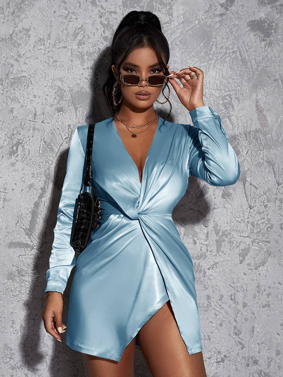 Đầm xoắn lại Trọn gói màu trơn Gợi cảm - Màu xanh nhạt - Xem 1