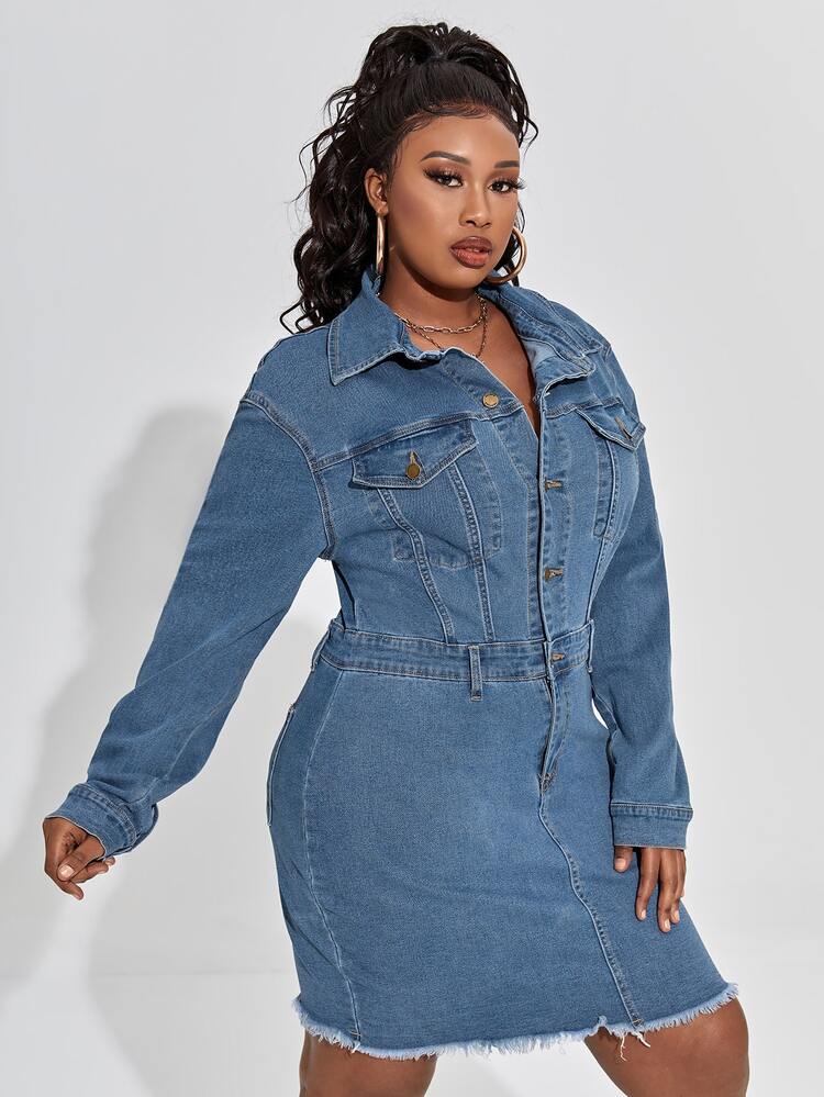 Robe en jean poche à rabat à bouton à ourlet effiloché - Jean bleu - Voir 4