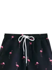 Manfinity KASUA 男式随机火烈鸟图案印花抽绳腰泳裤泳池短裤，适合海滩、度假、夏威夷 - 黑色 - 查看 3