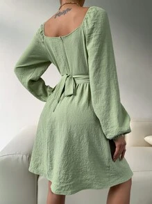 SHEIN Privé Frill Trim Knot Back Dress - Mint Green - View 2