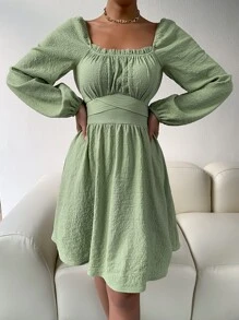 SHEIN Privé Frill Trim Knot Back Dress - Mint Green - View 6