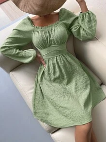 SHEIN Privé Frill Trim Knot Back Dress - Mint Green - View 7