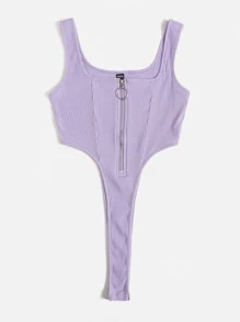 SHEIN ICON Zipper Front High-cut Hem Tank Bodysuit - Lilac Purple - View 3