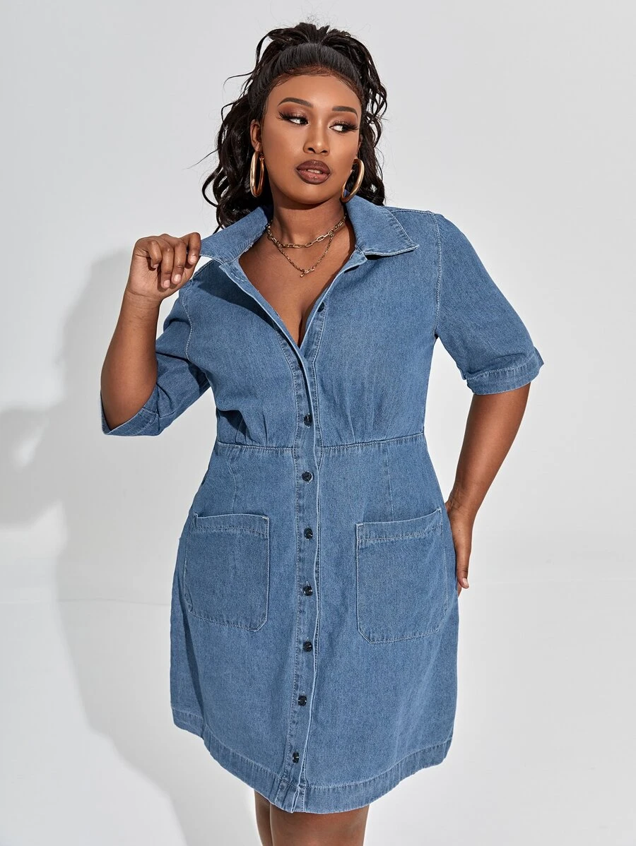 Plus Single Breasted Dual Pocket Denim Shirt Dress - Blue - View 1