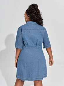 Plus Single Breasted Dual Pocket Denim Shirt Dress - Blue - View 2