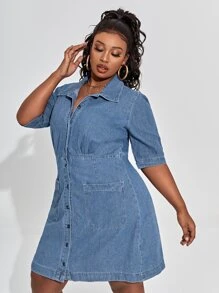 Plus Single Breasted Dual Pocket Denim Shirt Dress - Blue - View 3