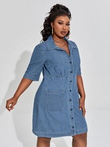Plus Single Breasted Dual Pocket Denim Shirt Dress - Blue - View 4