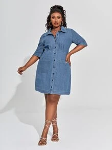 Plus Single Breasted Dual Pocket Denim Shirt Dress - Blue - View 5