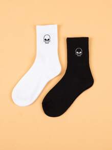 2pairs Skull Pattern Crew Socks - Black and White - View 1