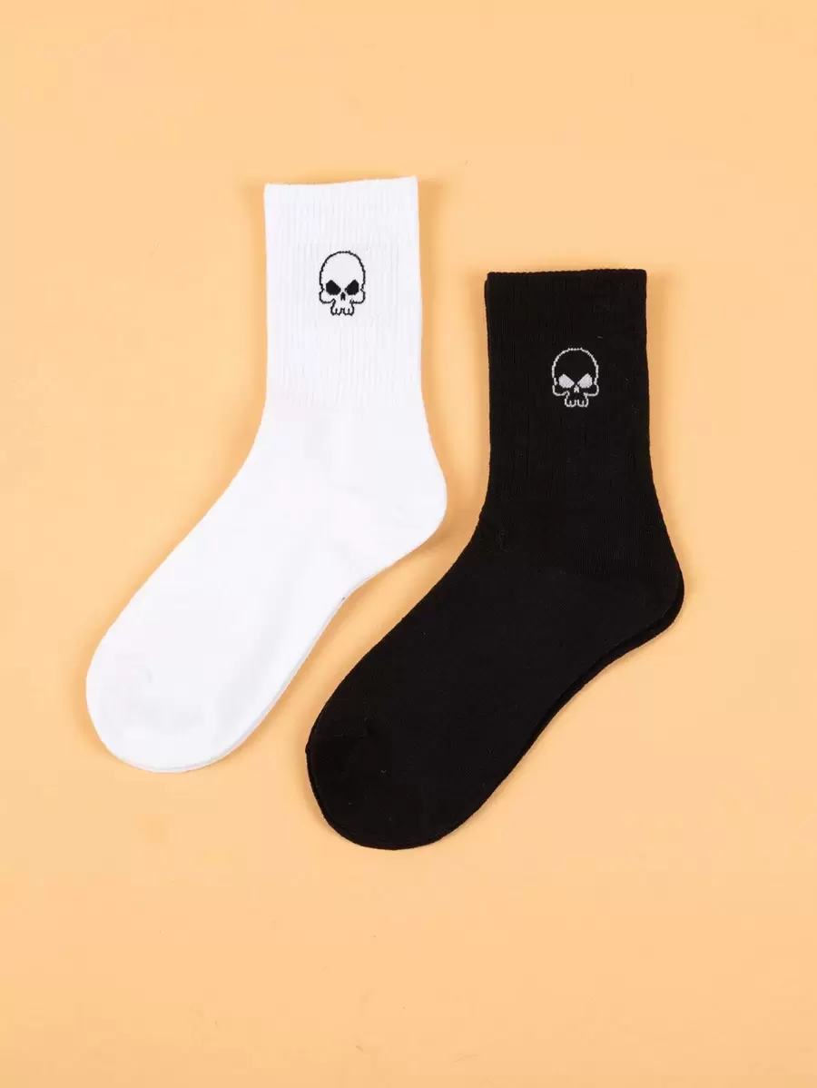 2pairs Skull Pattern Crew Socks - Black and White - View 1