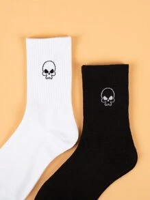 2pairs Skull Pattern Crew Socks - Black and White - View 2