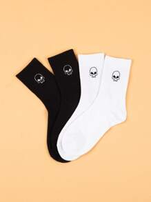 2pairs Skull Pattern Crew Socks - Black and White - View 3
