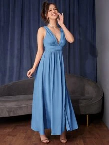 SHEIN Belle 無袖高衩褶邊連衣裙 - 霧霾藍 - 查看 3