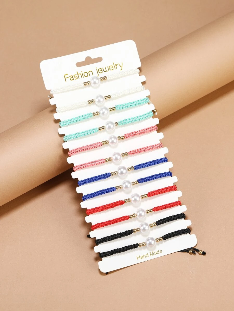 12入組人造珍珠裝飾編織手鍊 - 彩色 - 查看 1