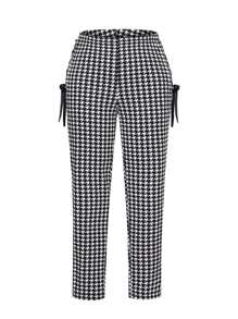 Pantalones con estampado de pata de gallo con nudo lateral - Blanco y Negro - Ver 1