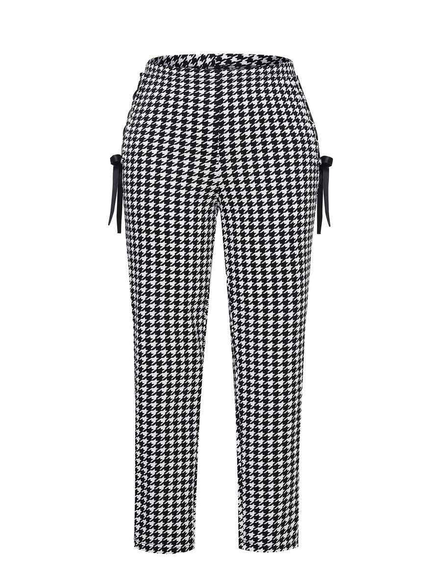 Pantalones con estampado de pata de gallo con nudo lateral - Blanco y Negro - Ver 1