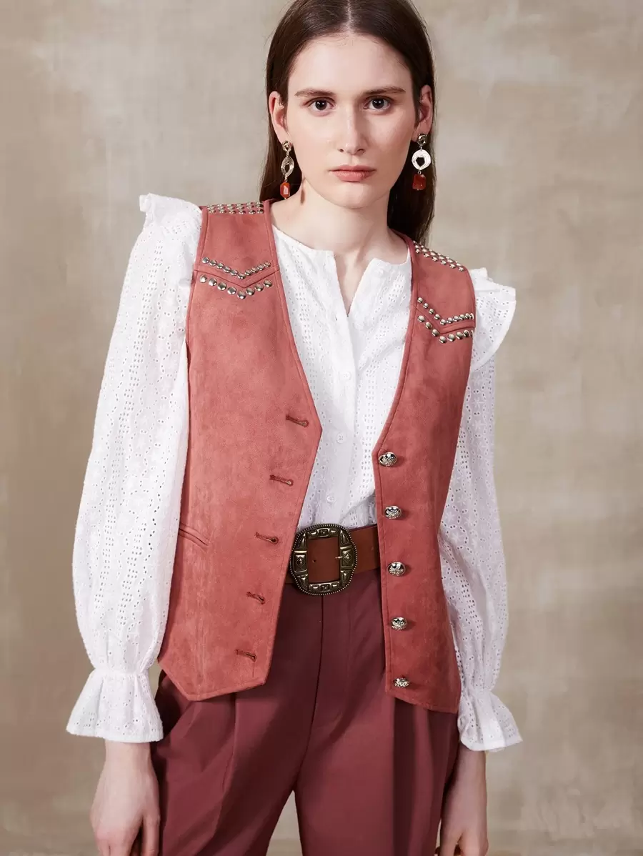SHEIN Suedette Studded Vest Jacket - Redwood - View 1