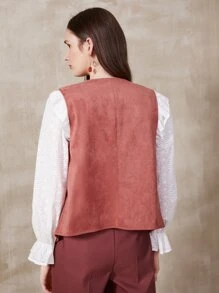 SHEIN Suedette Studded Vest Jacket - Redwood - View 2