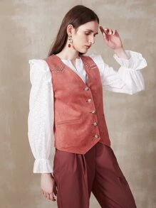 SHEIN Suedette Studded Vest Jacket - Redwood - View 4