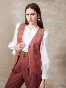 SHEIN Suedette Studded Vest Jacket - Redwood - View 6