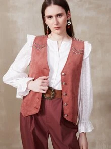 SHEIN Suedette Studded Vest Jacket - Redwood - View 7