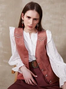 SHEIN Suedette Studded Vest Jacket - Redwood - View 8