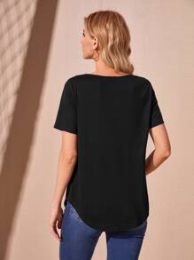EMERY ROSE Solid Slit Hem Tee - Black - View 2