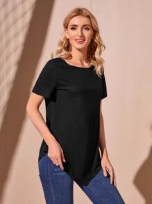 EMERY ROSE Solid Slit Hem Tee - Black - View 3