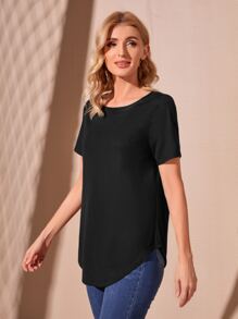 EMERY ROSE Solid Slit Hem Tee - Black - View 4
