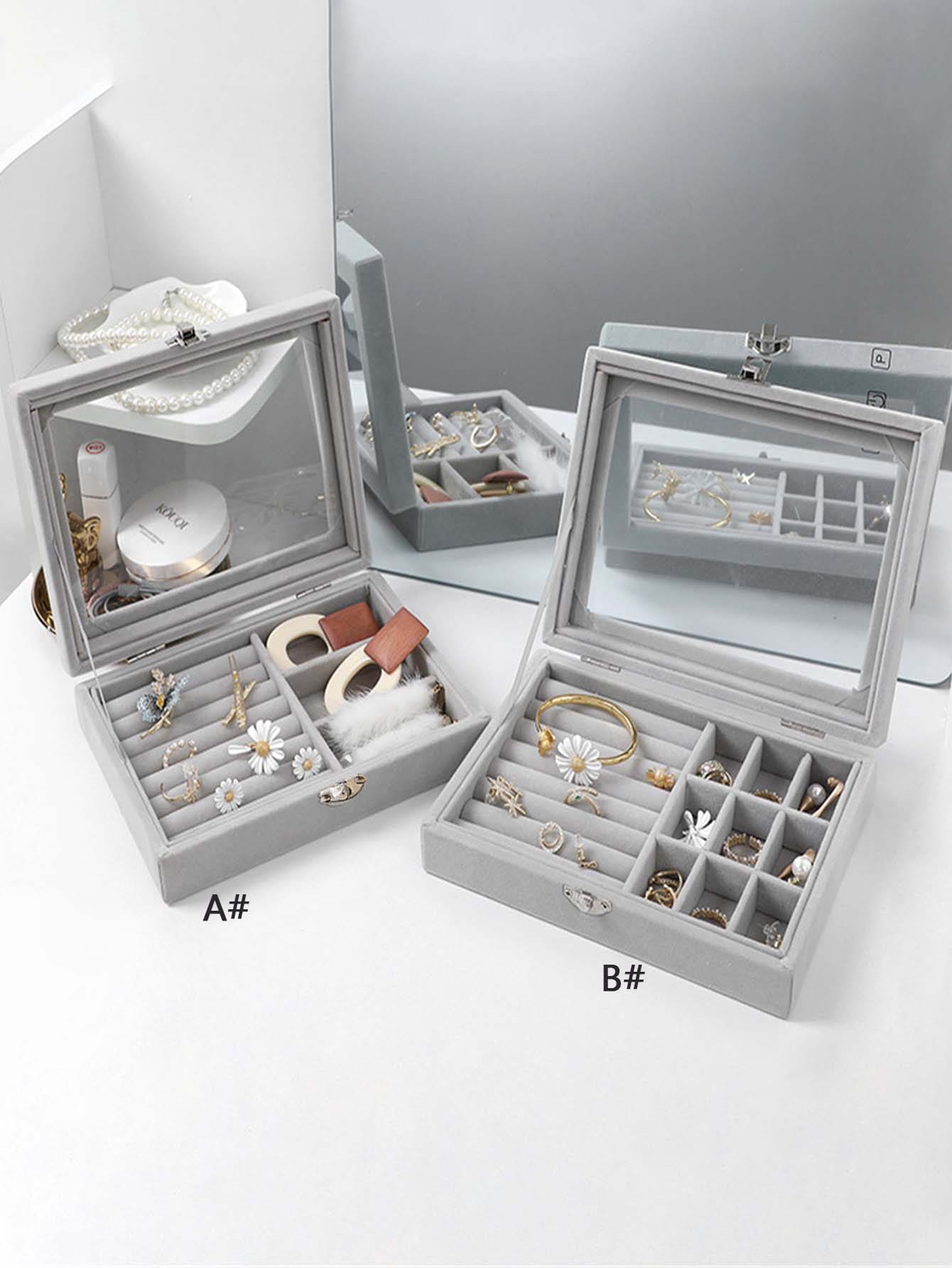 1pc Solid Jewelry Storage Box - Grey - View 1