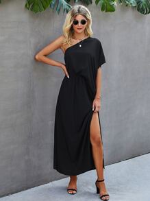 One Shoulder Batwing Sleeve Split Thigh Dress - Black - View 1