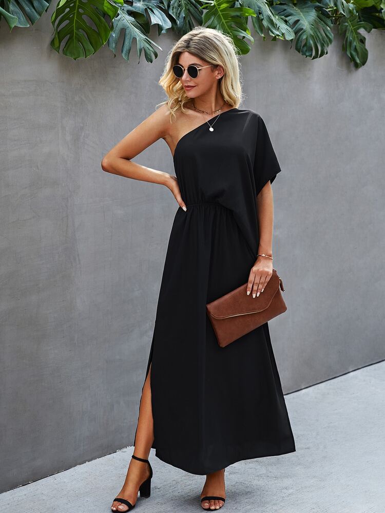 單肩蝙蝠袖高衩洋裝 - 黑色 - 查看 3