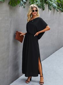One Shoulder Batwing Sleeve Split Thigh Dress - Black - View 4
