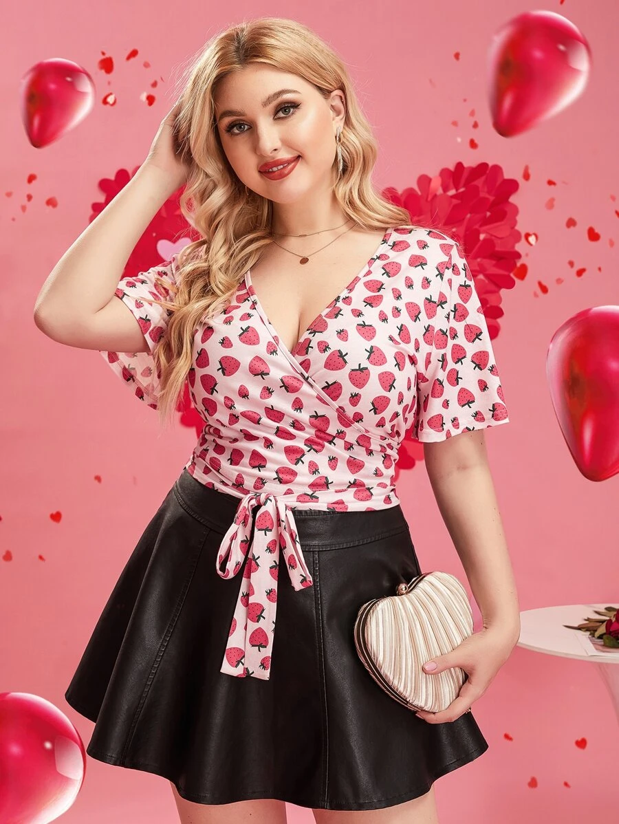 áo nữ kích thước lớn Thắt nút Trọn gói Rau quả Tất cả trên in Giải trí - Nhiều màu - Xem 1