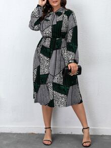 SHEIN LUNE Plus Chevron And Leopard Print Tie Neck Dress - Multicolor - View 1