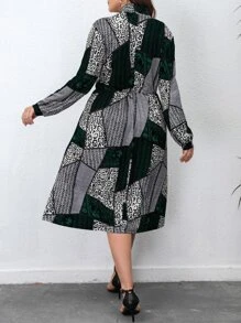 SHEIN LUNE Plus Chevron And Leopard Print Tie Neck Dress - Multicolor - View 2