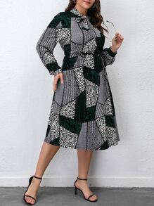 SHEIN LUNE Plus Chevron And Leopard Print Tie Neck Dress - Multicolor - View 3