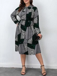 SHEIN LUNE Plus Chevron And Leopard Print Tie Neck Dress - Multicolor - View 4