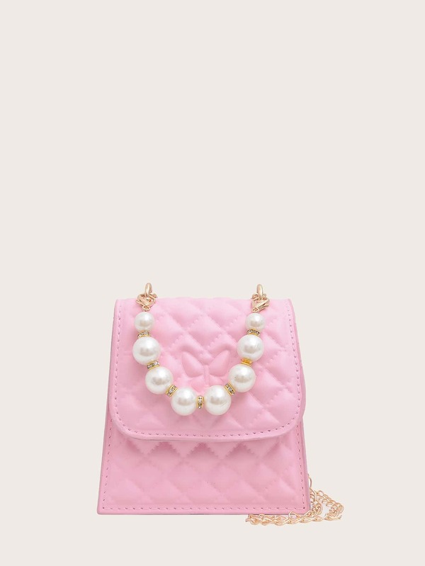 Girls Quilted Faux Pearl Decor Square Bag