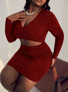 Slaydiva Đầm Plus Size Cắt ra màu trơn Hấp dẫn - Màu Đỏ Sâu - Xem 1