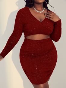 Slaydiva Đầm Plus Size Cắt ra màu trơn Hấp dẫn - Màu Đỏ Sâu - Xem 3