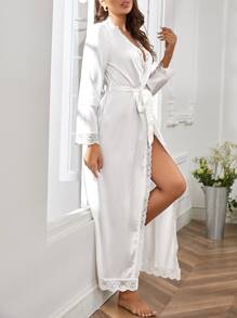 Bata de noche ribete con encaje con cinturón de satén - Blanco - Ver 4