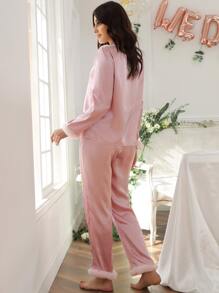 Lapel Collar Fuzzy Cuff Satin Blouse & Trousers PJ Set - Baby Pink - View 3