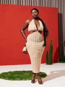 SHEIN SXY Plus O-ring Ruched Cutout Cable Knit Bodycon Dress - Apricot - View 1