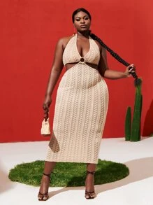 SHEIN SXY Plus O-ring Ruched Cutout Cable Knit Bodycon Dress - Apricot - View 3