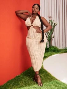 SHEIN SXY Plus O-ring Ruched Cutout Cable Knit Bodycon Dress - Apricot - View 5