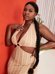 SHEIN SXY Plus O-ring Ruched Cutout Cable Knit Bodycon Dress - Apricot - View 6