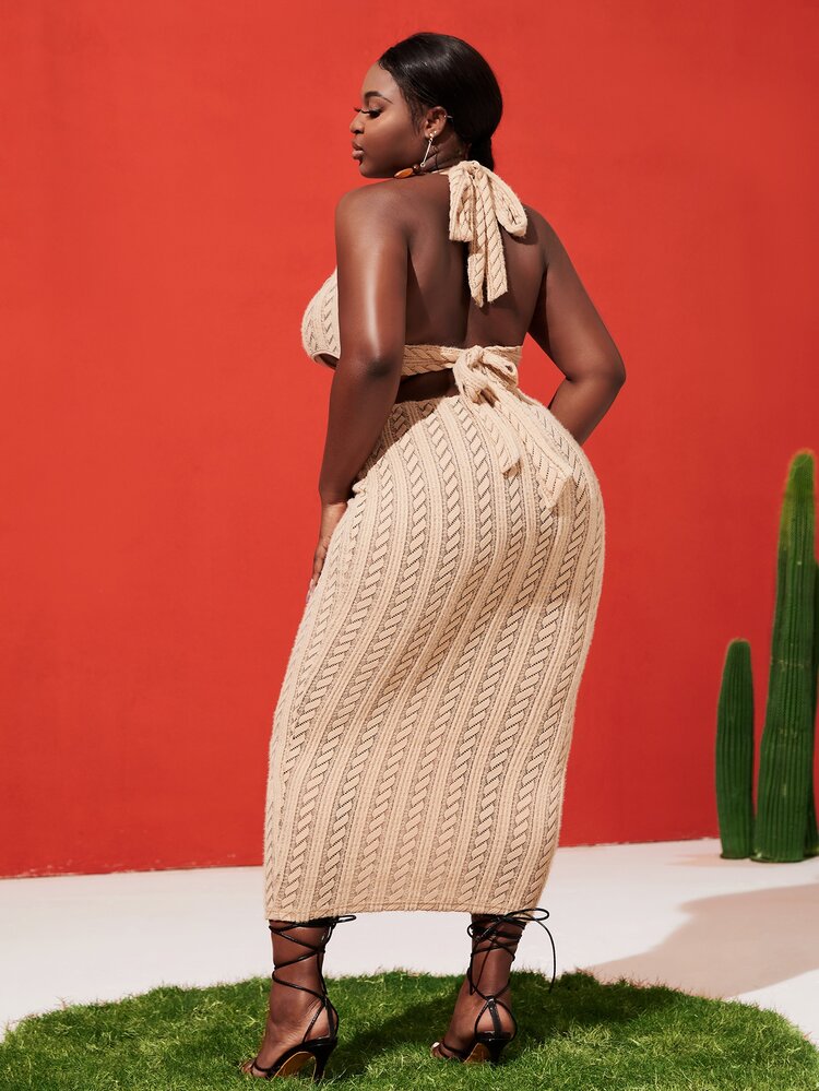 SHEIN SXY Plus O-ring Ruched Cutout Cable Knit Bodycon Dress - Apricot - View 7