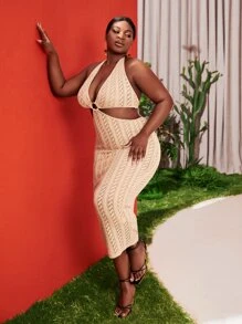 SHEIN SXY Plus O-ring Ruched Cutout Cable Knit Bodycon Dress - Apricot - View 8