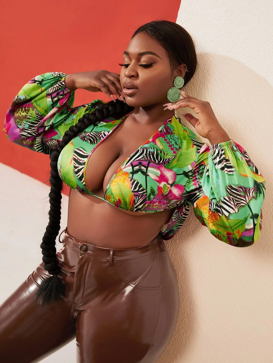 SHEIN SXY Plus Plunge Tropical Print Tie Back Top - Multicolor - View 1
